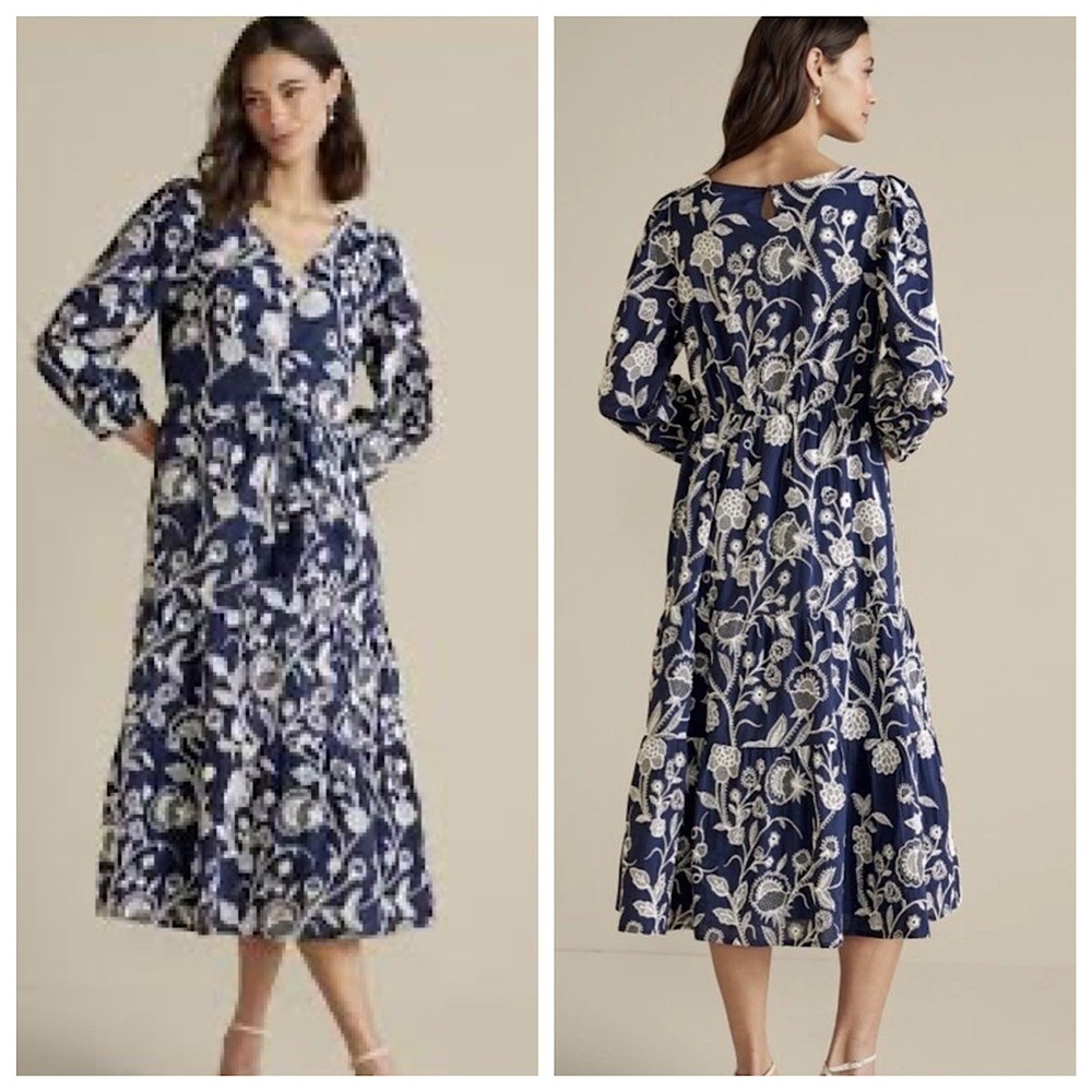 Soft Surroundings Tilda Embroidered Dress Womens M14 Navy Floral Tassel